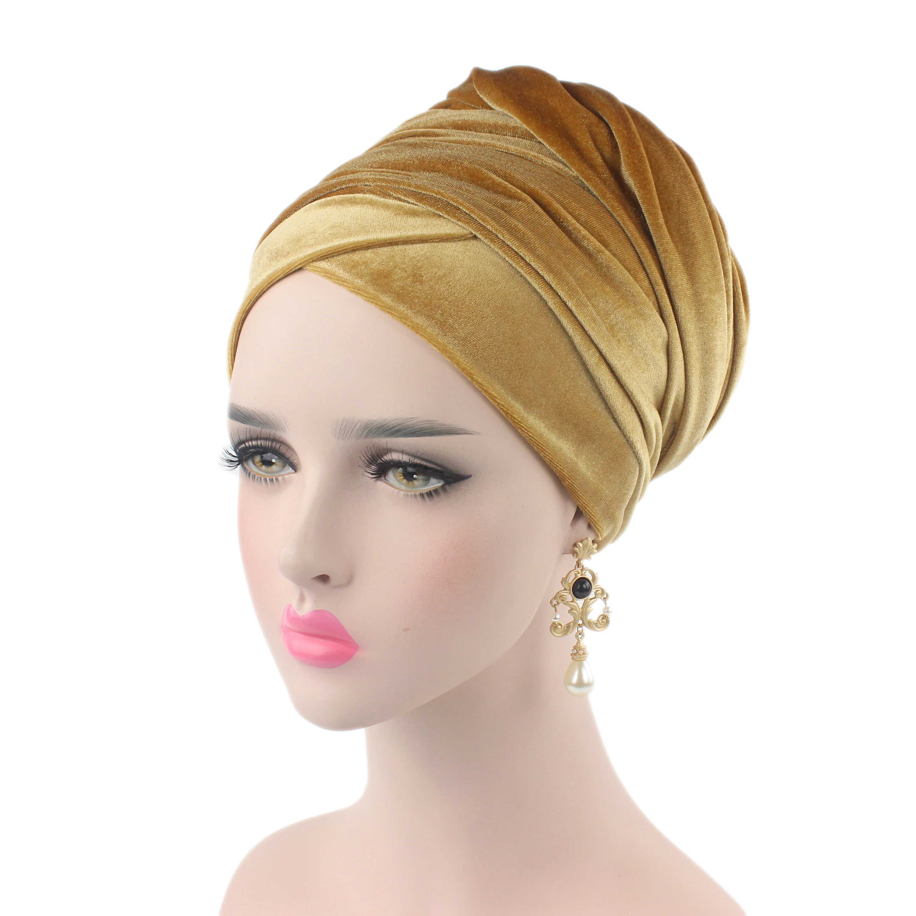 African Women Velvet Spandex Stretch Turban Hat Ladies Head Piece  ~ Gold 