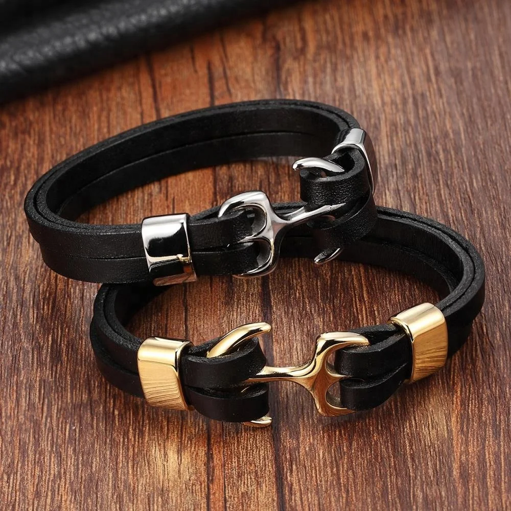 Handmade Brown Leather Anchor Stainless Steel Bracelet