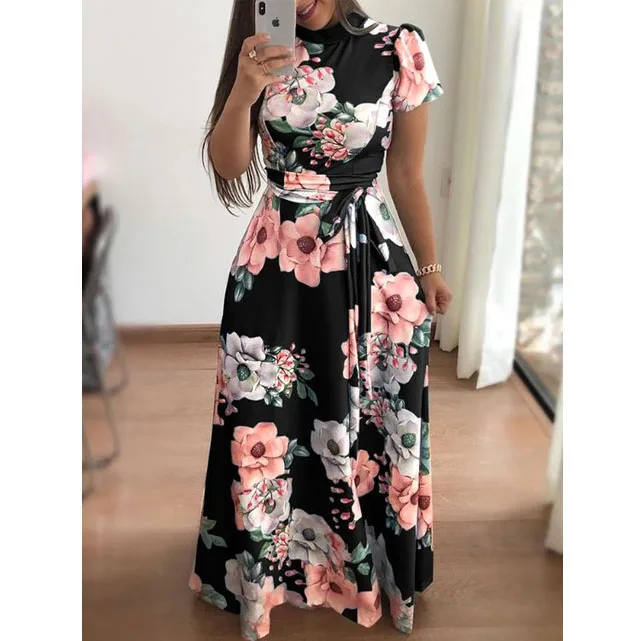 Peigen 2019 Summer Dresses Deals Women Casual Shift Geometric Print Dress O-Neck Short Sleeve Long Dresses 