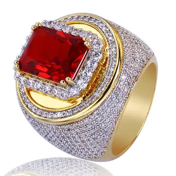 Ice Out Finger Big Diamond Rings Men Jewelry Lover Christmas Gift Cubic Zircon Red Ruby Gemstone Ring