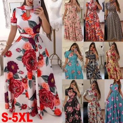 FEDULK Womens Casual Elegant Dress Short Sleeve O Neck Boho Style Floral Print Maxi Long Dress 