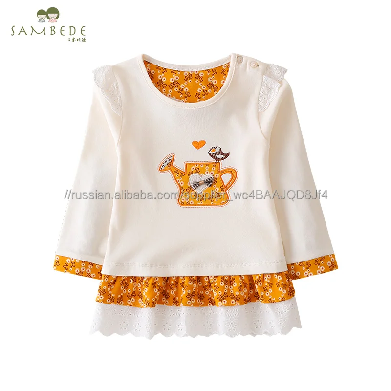 SAMBEDE1-5T футболка для маленьких девочек с длинным рукавом o-образным вырезом кружева Hemlines детская одежда SME0644