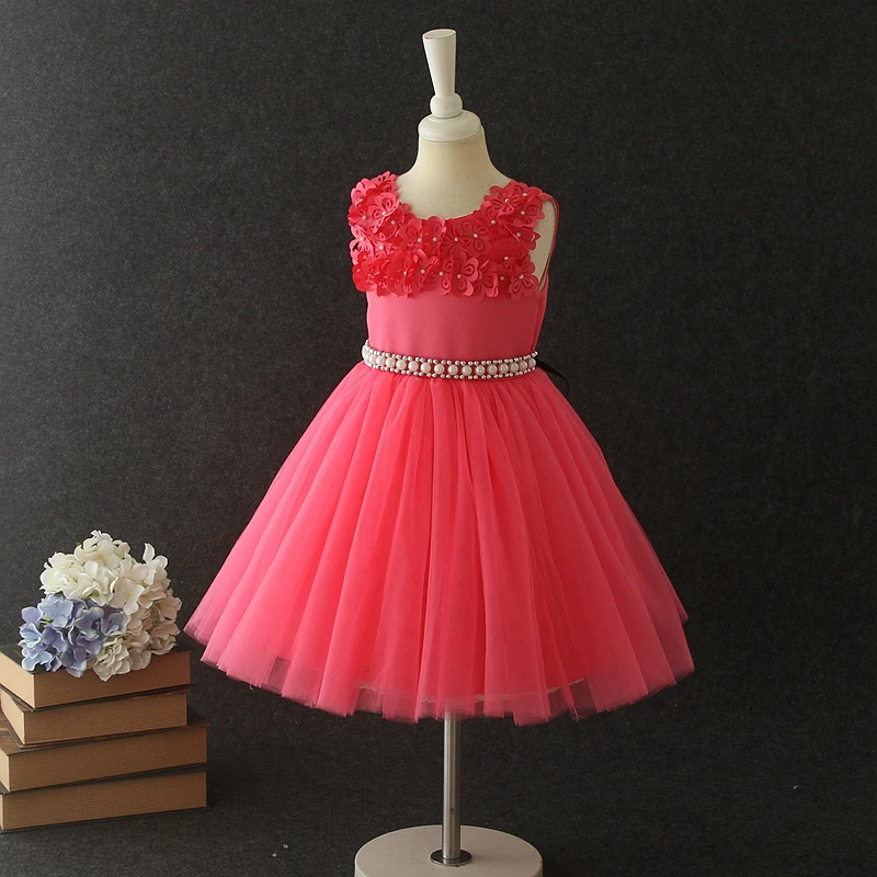 Latest Frock Design Rose Red Baptism Flower Dresses for Infant Girls of 7 Years Old