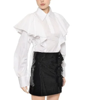 M974 Runwaylover new latest ladies white falbala long puff sleeve slim autumn blouse