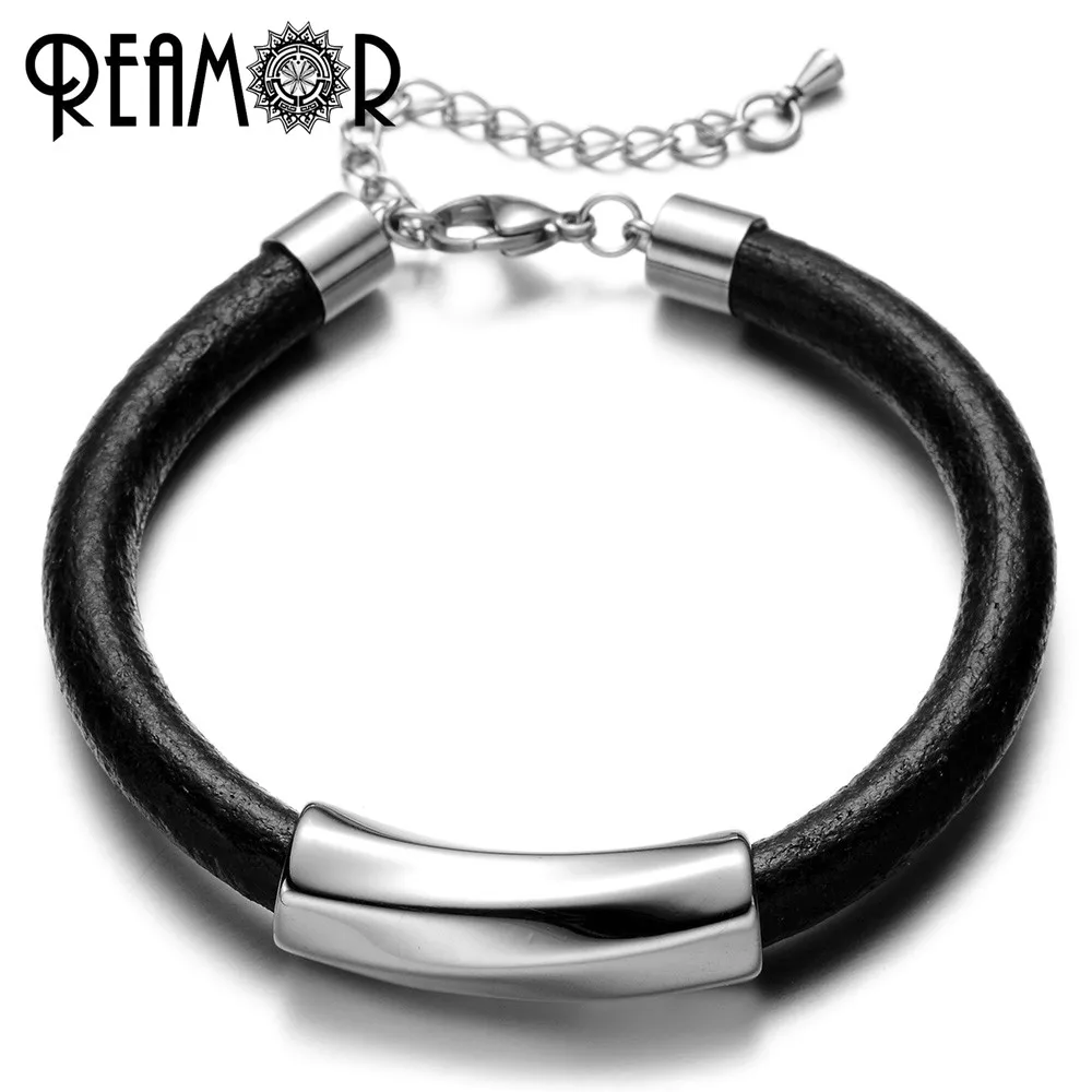 REAMOR 316l Stainless Steel Polishing/Frosted Cylinder Beads Genuine Leather Bracelets with Adjustable Chain