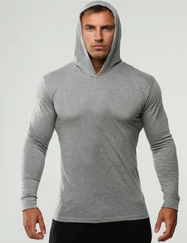 High quality plain grey long sleeve men gym workout hoodie