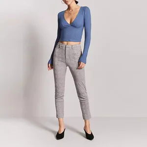 New Design V Neck Long Sleeve Women Casual Ribbed Surplice Top