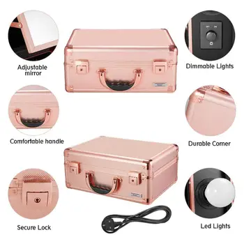 Kemier Makeup Train Case - Cosmetic Organizer Box Makeup Case with Lights  and Mirror / Makeup Case with Customized Dividers / Large Makeup Artist