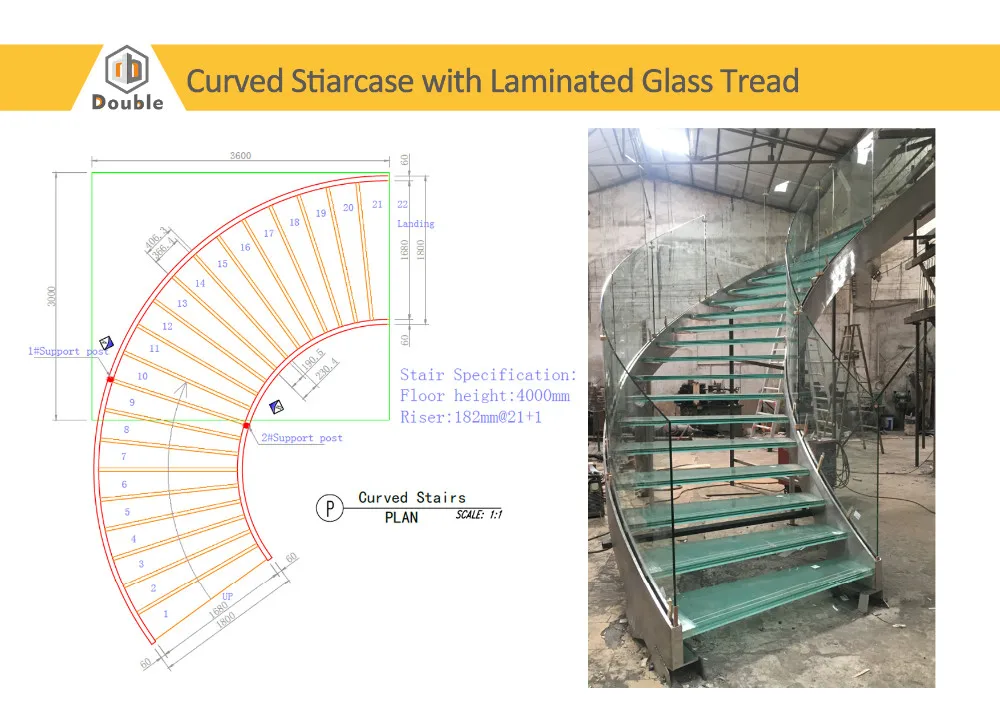 Curved/Arc spiral Staircase, Indoor staircase,Luxury Modern Home Decoration Glass decor stairs wooden Stairs manufacture