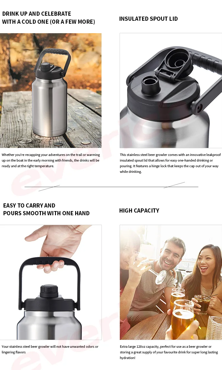 Everich 1 Gallon Jug 128 Oz Growler Stainless Steel Big Water Bottle