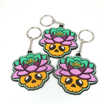 Metal Ring Injection Patches Custom 2D Embossed Colorful Cute Flower Skeleton Logo Soft PVC Rubber Adult Keychains for Gifts