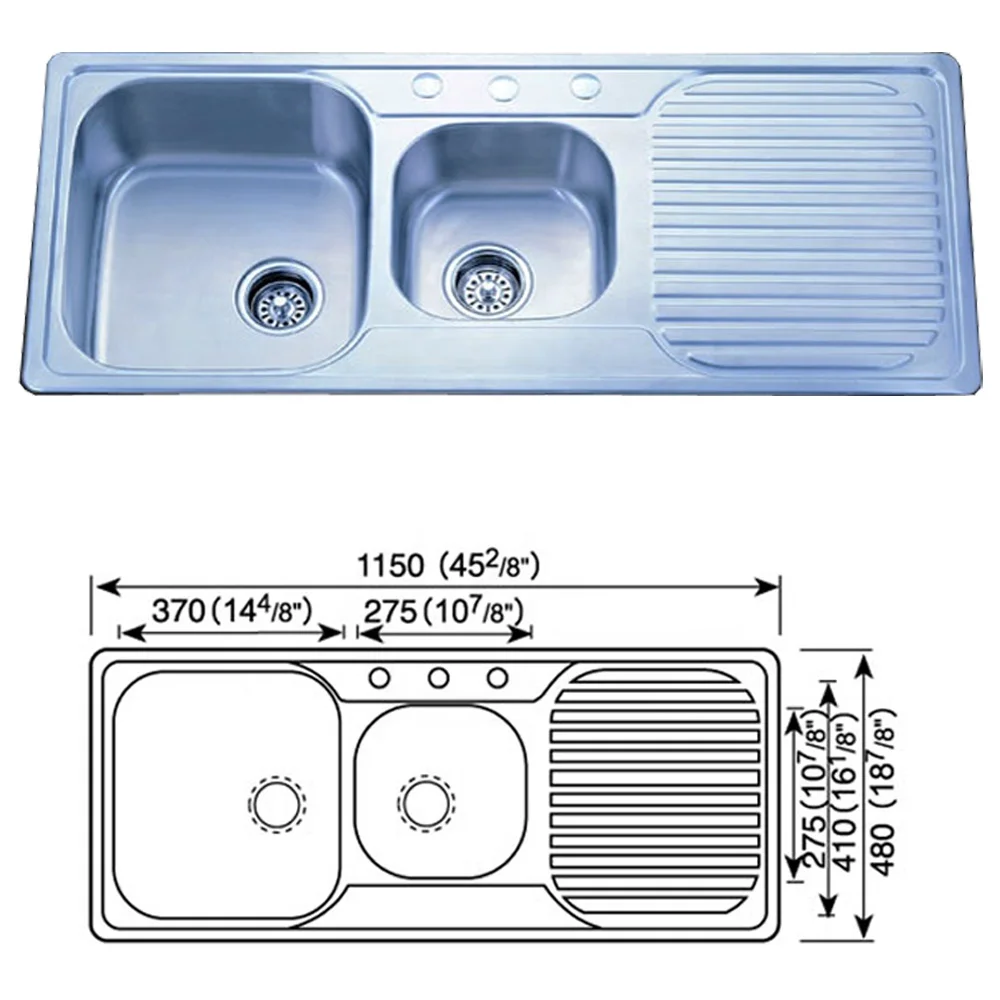 Double Bowl Stainless Steel Kitchen Sink With Drainboard   Buy ...