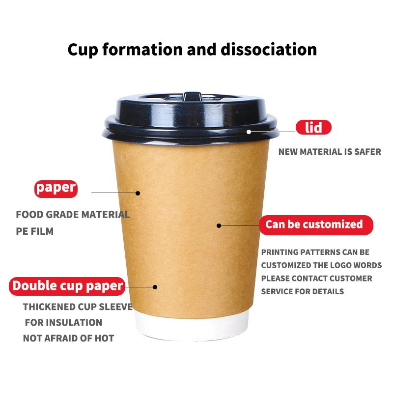 
 8 унций 12 унций 16 унций стаканчик из крафт-бумаги с двойными стенками для горячего кофе с пластиковой крышкой печать на заказ  
