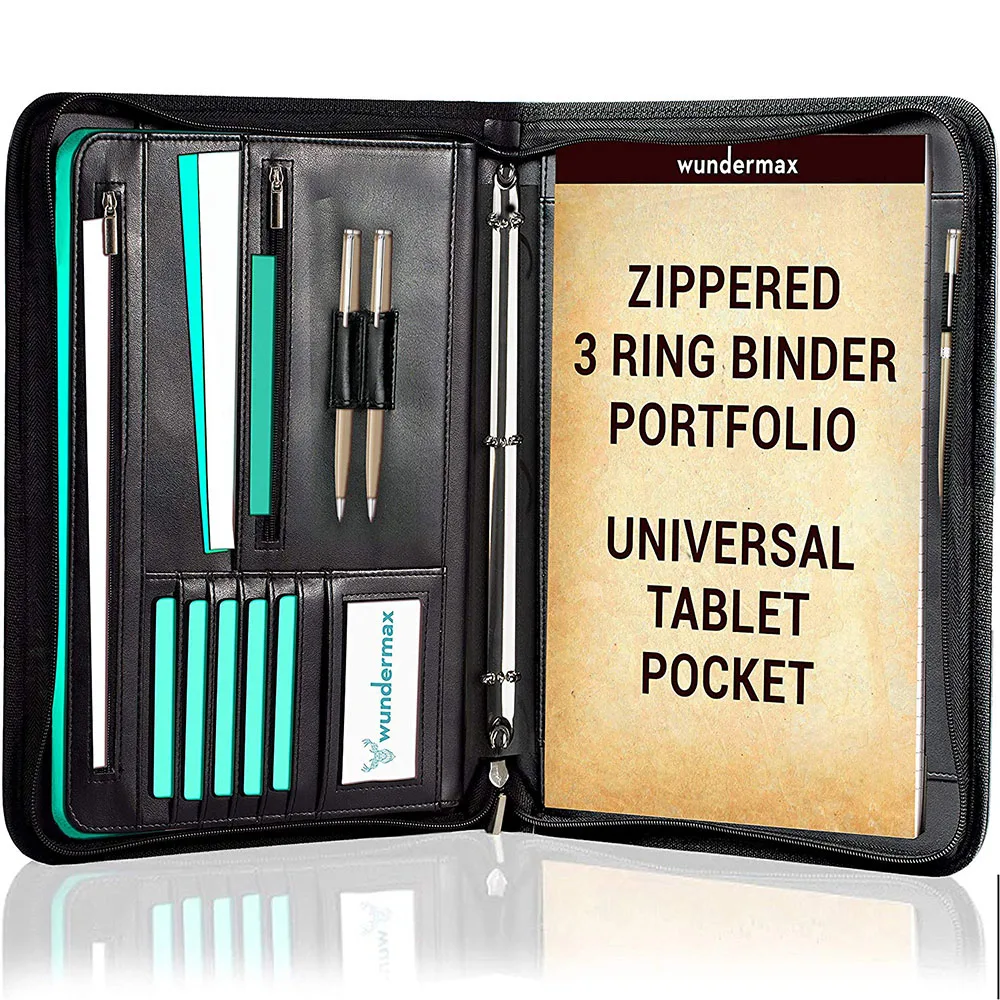 
Factory OEMA4 pu leather portfolio 3 ring binders zipper padfolio with notepad sleeve 