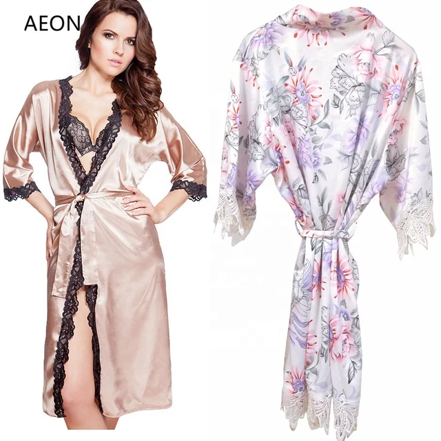 Plus Size Women's  Silky Satin Floral Robe with Elegant Lace Trim For Bride Wedding Party