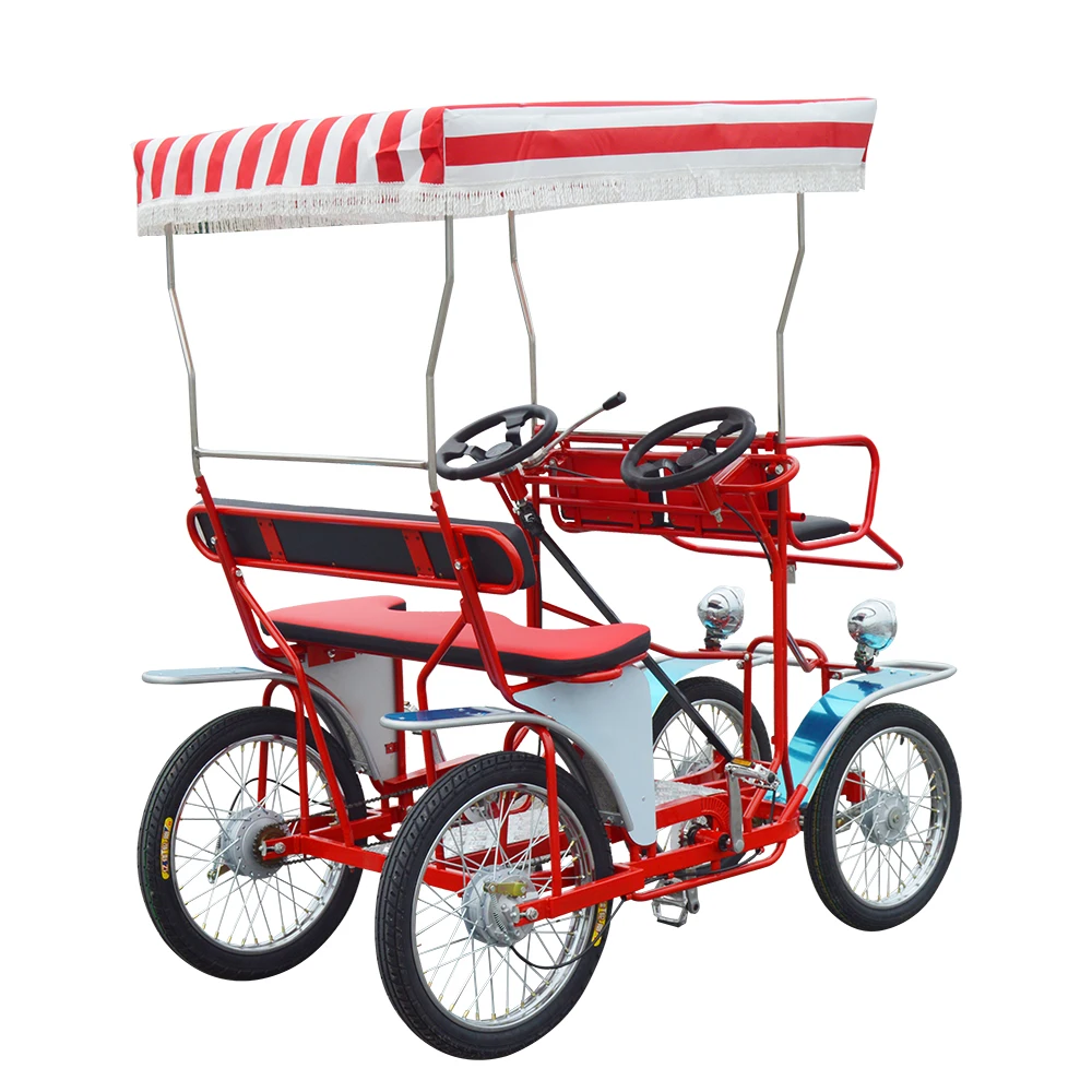 Steel Frame Rain Proof Roof Two Adudlt Two Kids Four Wheel Pedal Surrey  Bike with Kids Seat