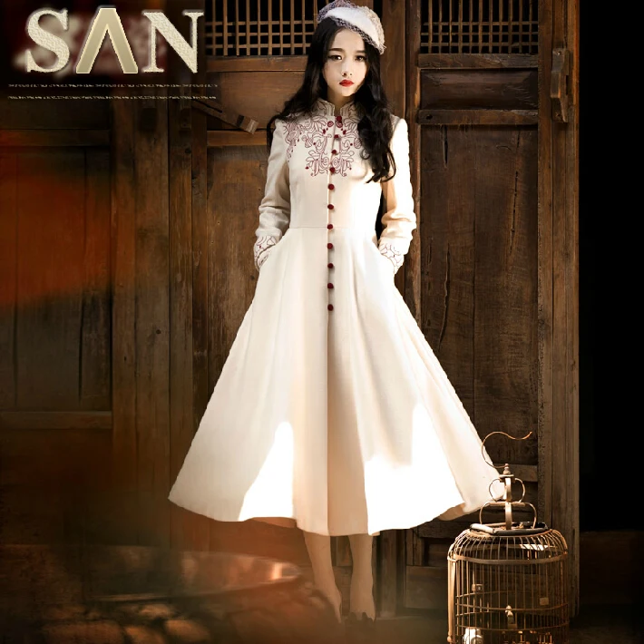 women vintage style flowers embroidery woolen long skirt wool trench coat outerwear overcoat