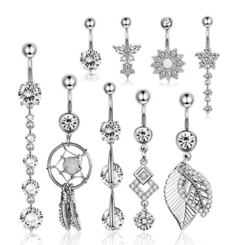 9Pcs/Set Summer Beach 14G Stainless Steel Ring For Women Sexy Belly Ring Curved Barbell Piercing For Navel
