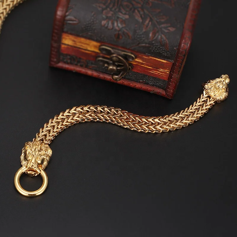 Punk Style Goldr Color 316L Stainless Steel Lion Head Bracelet Chain Male Jewelry