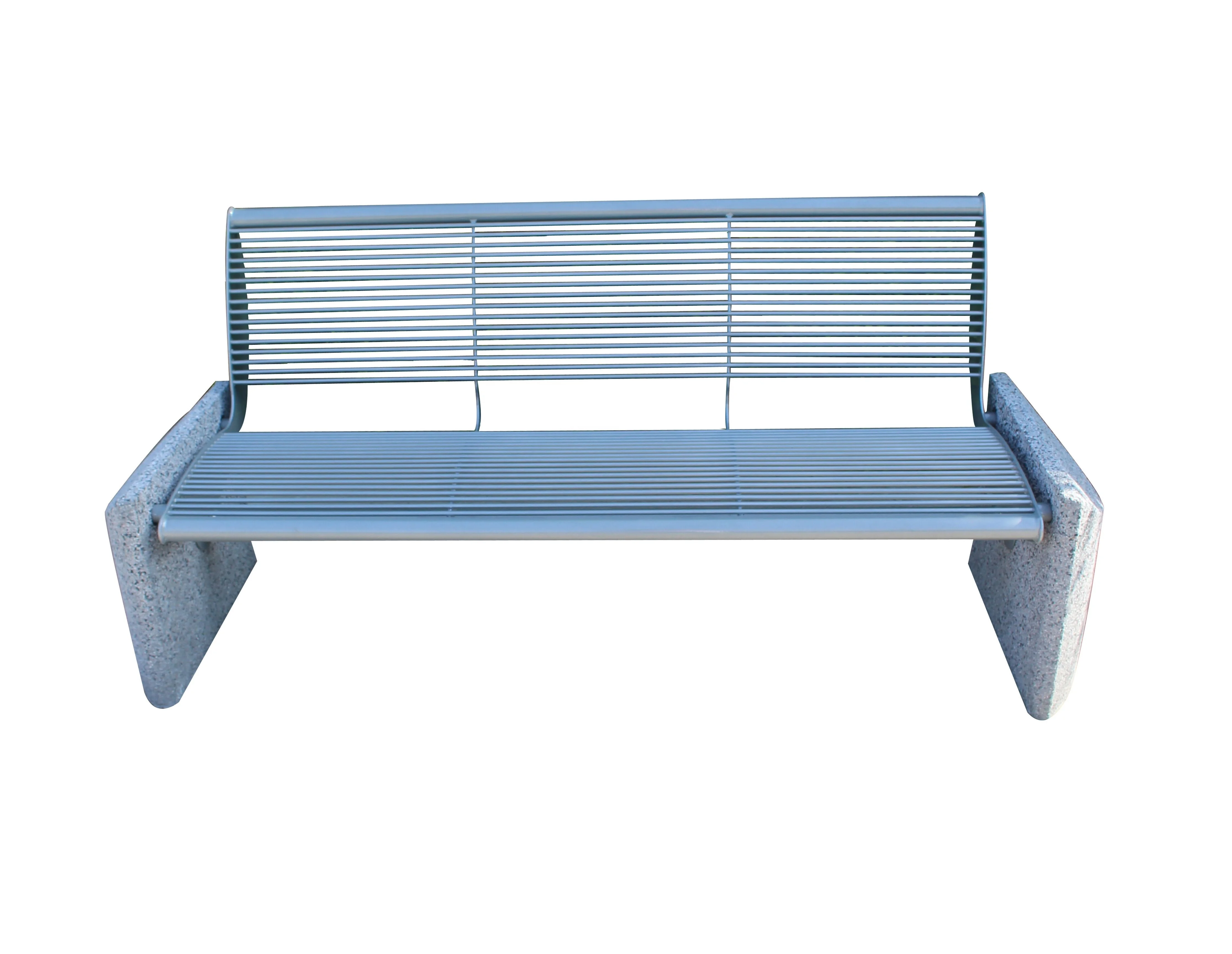 頑丈な金属製の公園のベンチ、石付きの鉄製のストリートベンチは屋外の