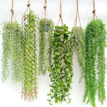 Latest design Real Touch Artificial greenery Hanging Vine with pot macrame wall hanging bonsai for home office party decoration