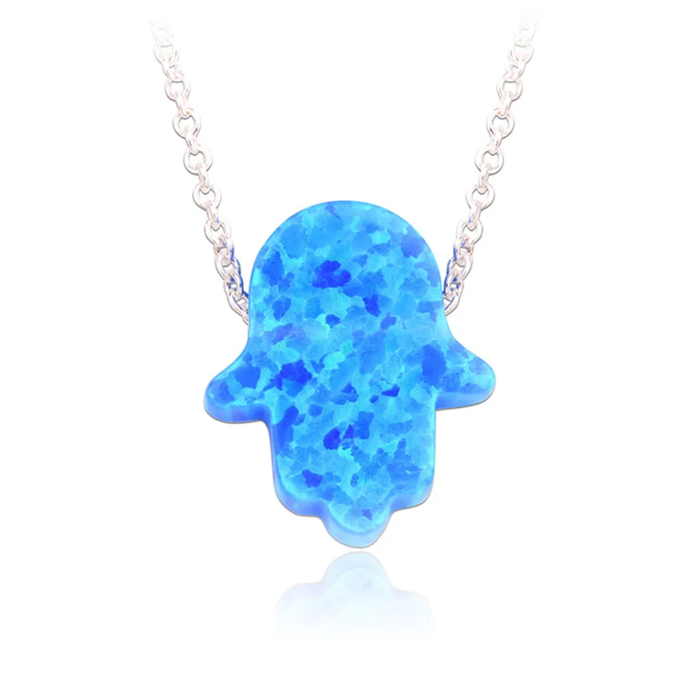 Factory Process 925 Sterling Silver Link Chain Hamsa Hand Opal Necklace 11x13mm Fatima Hand Fire Opal Stone Silver Jewelry