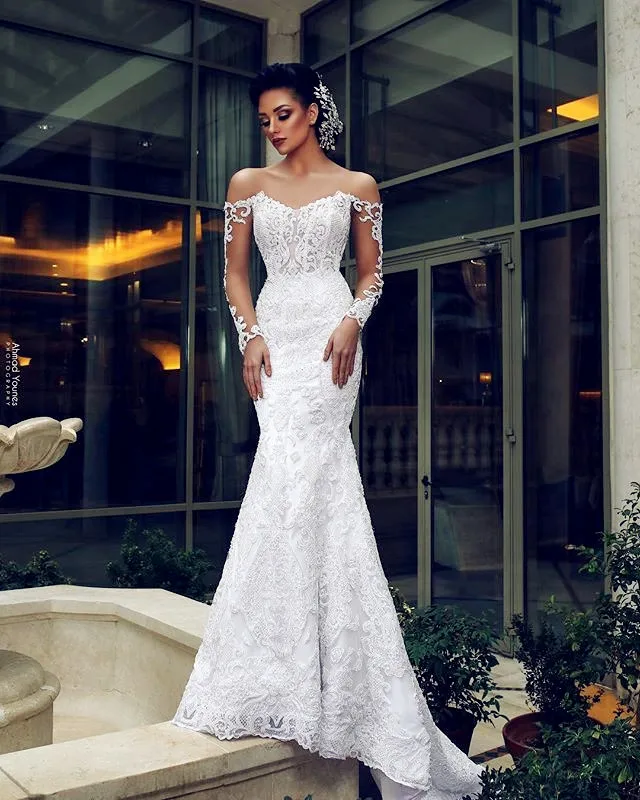 Tachable Tail Lace Wedding Gown Women Mermaid Luxury Bridal Gown Off Shoulr  Long Sleeve Wedding Dresses Brand Afraic Vestidos