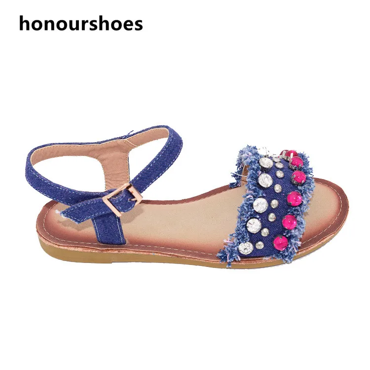 Denim Blue Rhinestones Fur Summer Slides Slippers