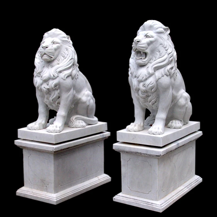 Stone carving front door life-size pair marble sitting lion statue