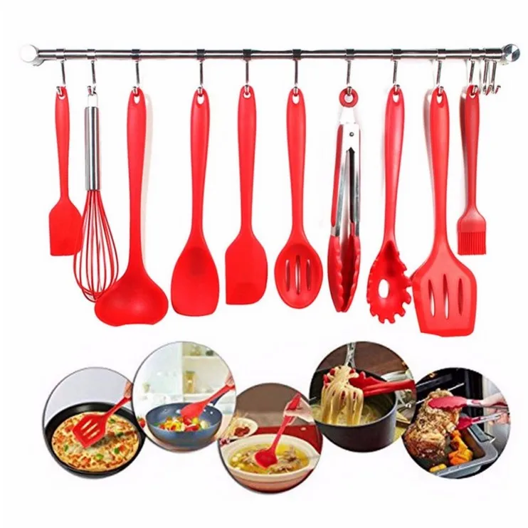 10 piezas de herramientas de cocina resistente al calor y espátulas antiadherentes de cocina para ollas y sartenes,Rojo Conjunto de utensilios de cocina de silicona TFENG 