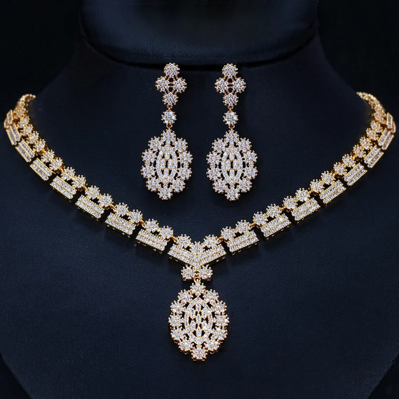 Beautiful Stone Wedding Design Gold Plated Zircon Jewelry Necklace Sets Earrings 