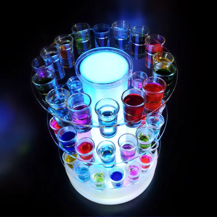 LED Lighted Acrylic Rotating Shot Glass Flight Tray Revolving Glasses Display Stand