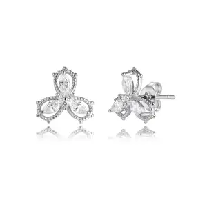 Keiyue Twist Cubic Zirconia Geometric Clover Silver Brass Stud Earrings 925 Sterling Silver Party Wedding Engagement for Women