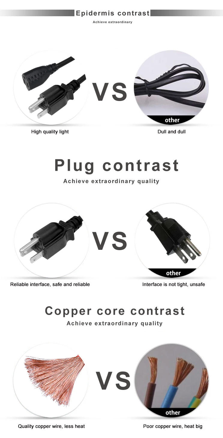 ac extension Cable PVC black us male to female Nema5-15P splitter y type power cord 13