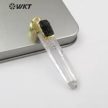 WT-P1447 Wholesale New design Natural Stone in 18K gold plated crystal quartz with black tourmaline charm Pendant