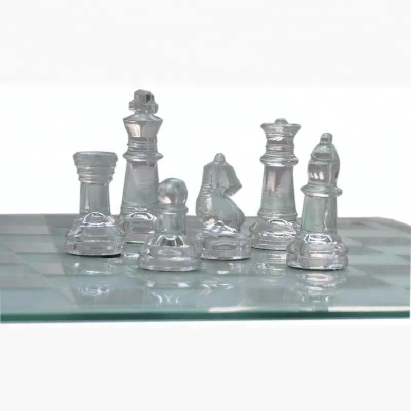 Glass Chess Set and Checker Board Elegant White and Frosted Pieces 7.5"