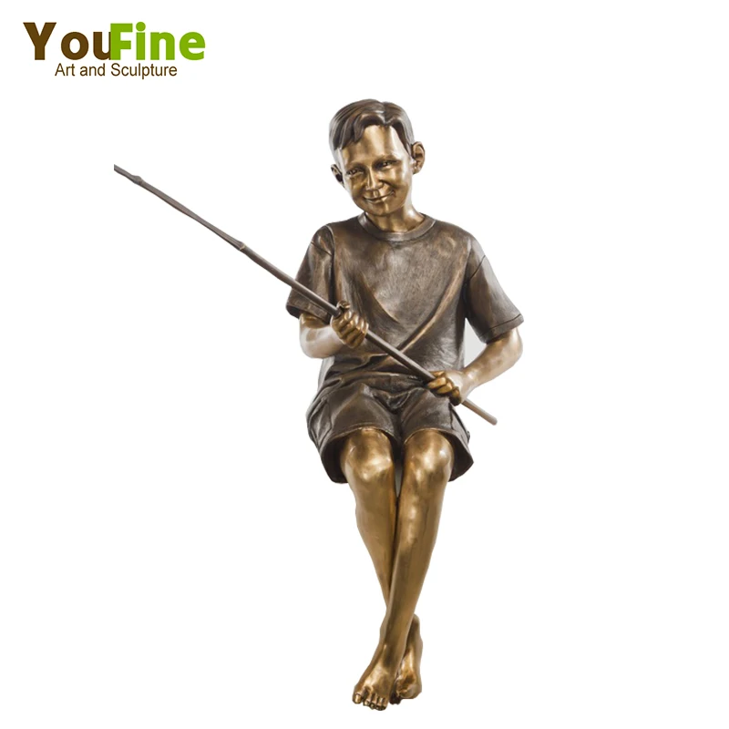 Man Fishing Statue Boat Bronze Fish