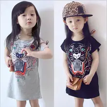 2016 summer new baby girls dress tiger pattern kids clothes american style children vestidos suit 2-7T black robe fille