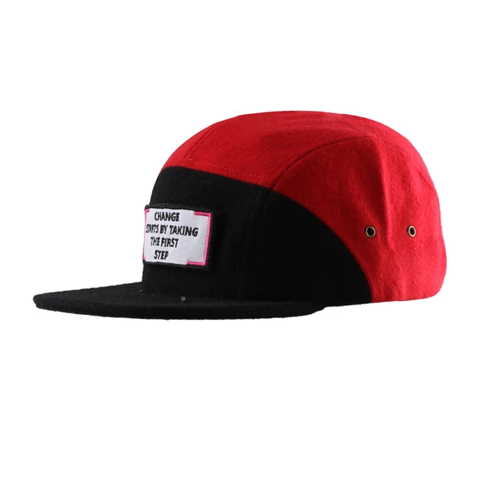 custom black and red embroidery patch wool 5 panel adjustable cap