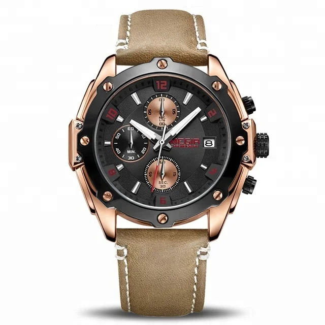 MEGIR Chronograph Relogio Masculino Blue Leather Business Quartz Creative Wrist Watch