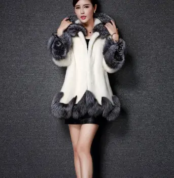 White Black Faux Mink Fur Coat&Parka Coat Jacket WIth Hood For Womens