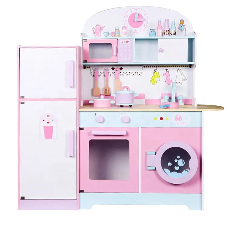 Custom pink Wooden Large Pretend Playing Educational Wooden Kitchen Refrigerator Toy for Girls