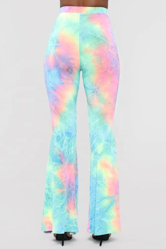 KY Sexy Tie Dye Halter Crop Top Lace-Up Tie Back Flare Pants High