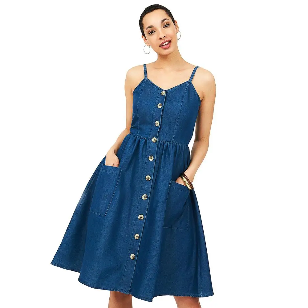 Denim Knee Length Button Front Sleeveless Women a Line Dresses Denim Knee Length Button Front Sleeveless Women a Line Dresses