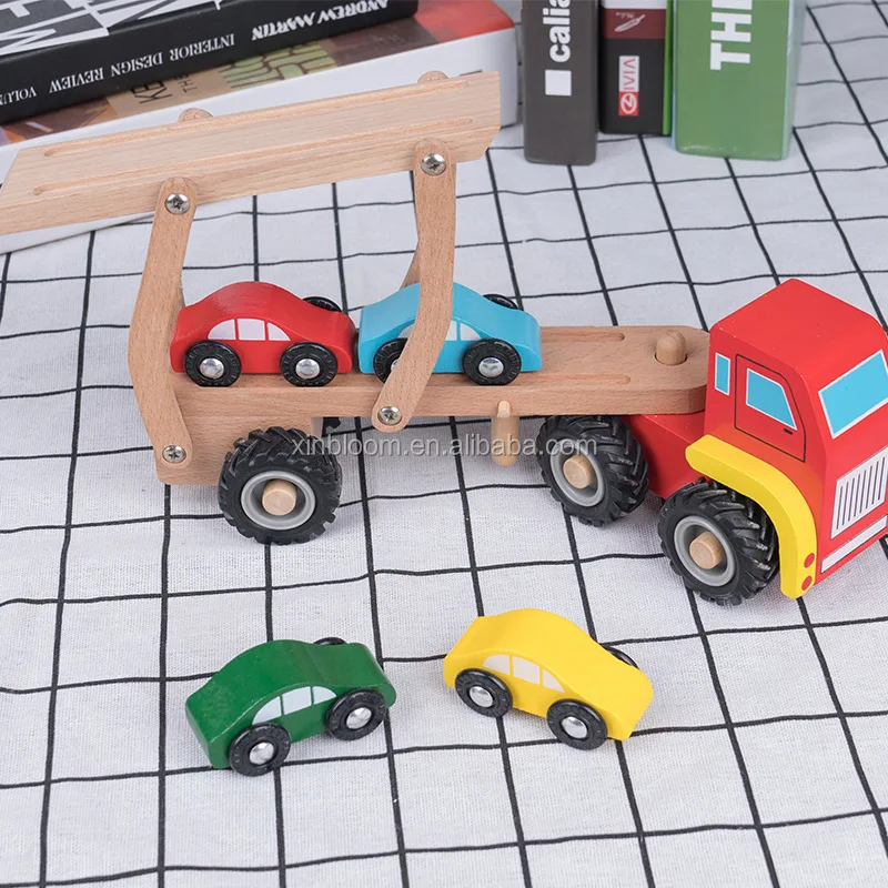 Wooden Red Double Decker Toystruck Set With 4 Mini Cars Carrier Trailer ...