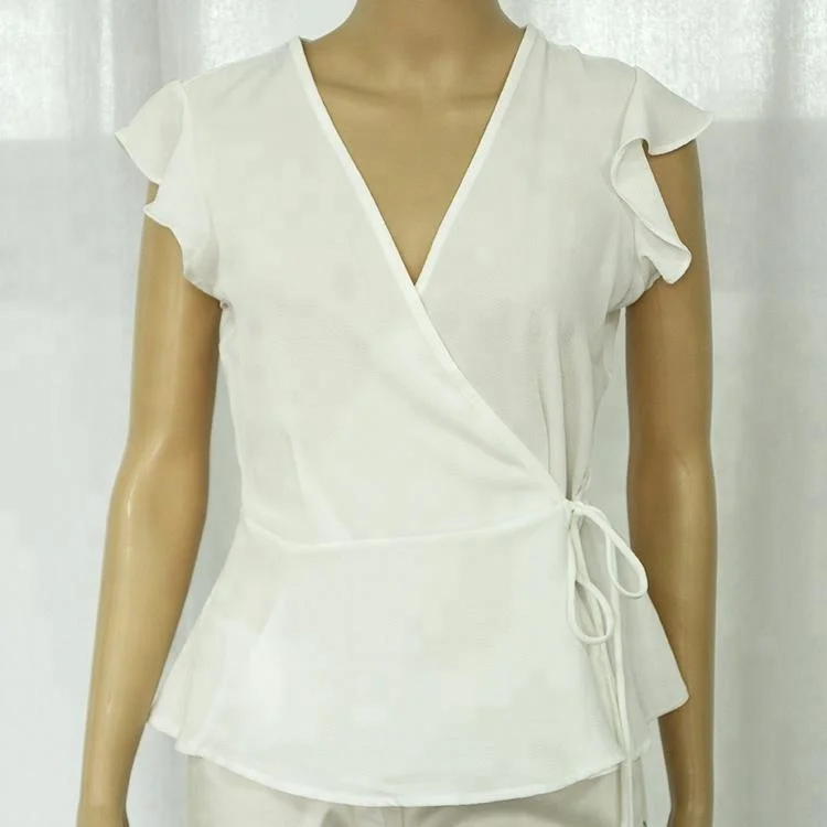 Blusa De Manga Corta Con Volantes Y Cuello De Pico Cruzado,Color Puro - Buy  Color Puro,De Cuello En V,De Dama Blusa Product on Alibaba.com