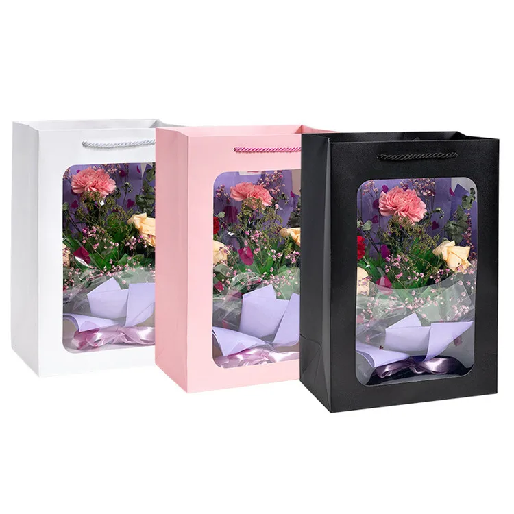 Gift Wrapping Paper Bag With Transparent Window Flowers Packaging