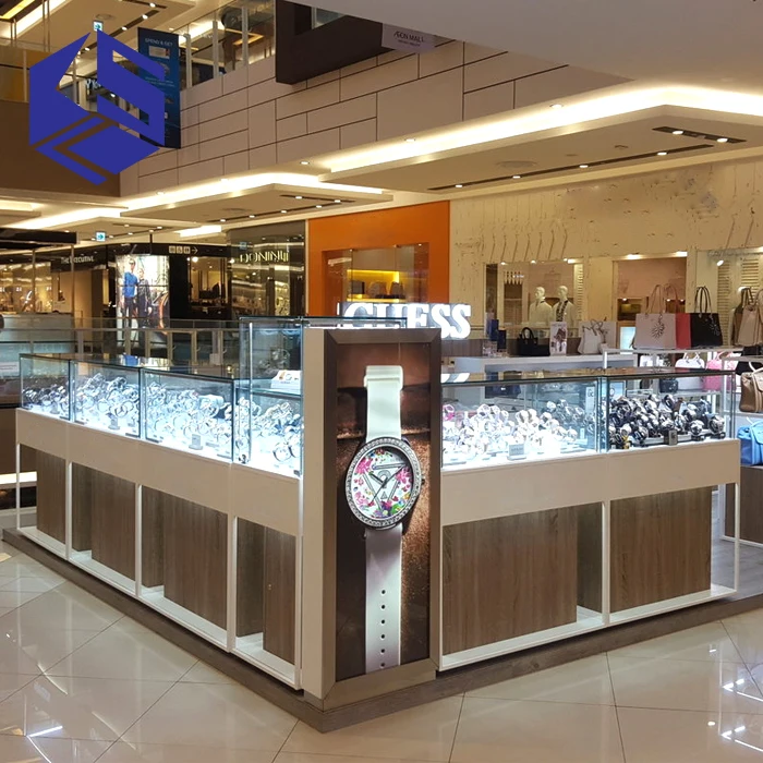 Wholesale Mall Glass Kiosk Design Wooden Watch Display Counters Showcase  for Shopping Mall