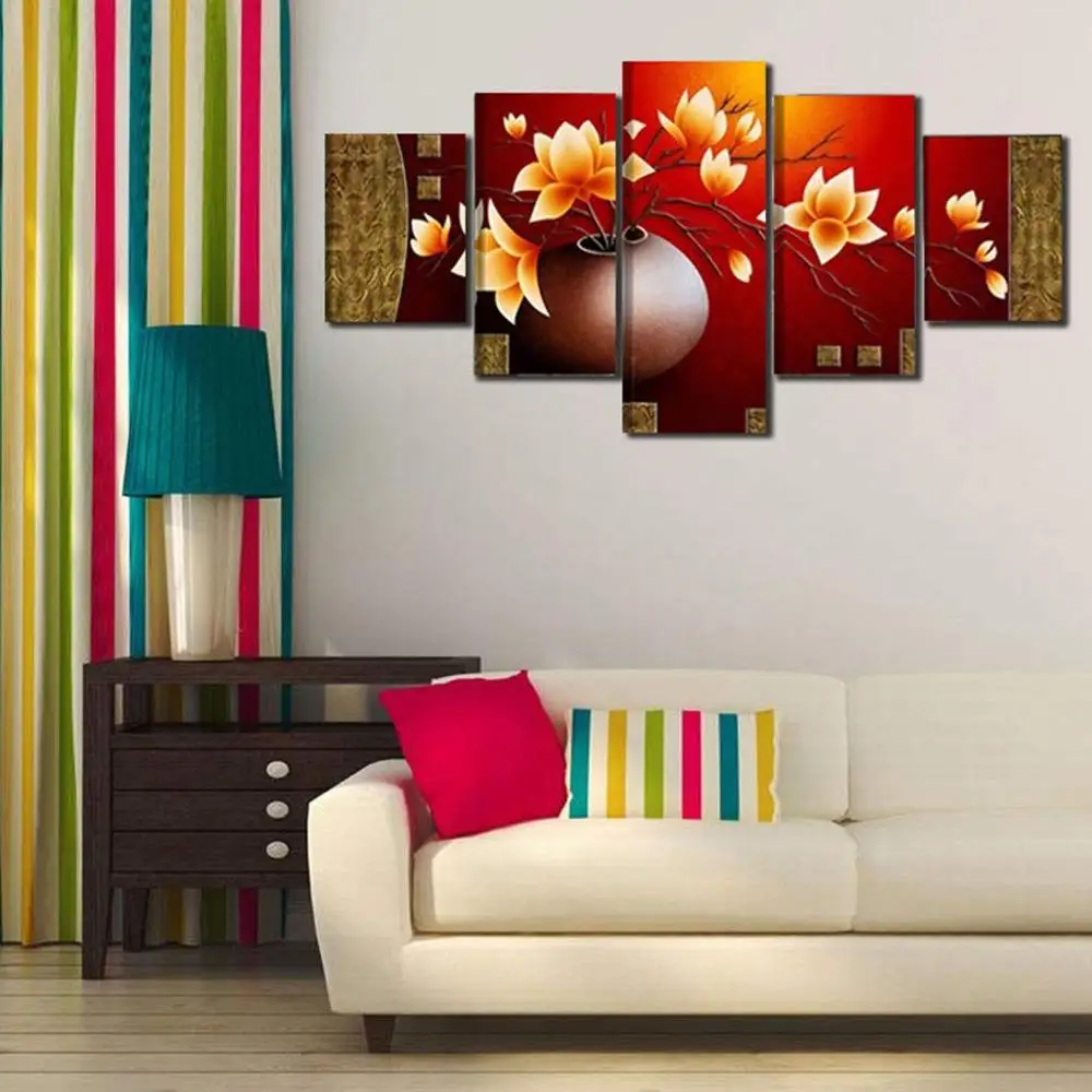 3D Printing - Hand Painted Modern Canvas for Living Room Wall Art Frame 5 Pieces Magnolia Vase Painting Home Decor