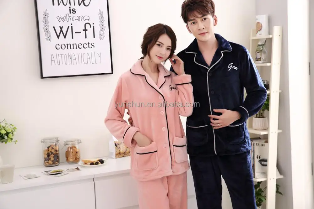 Couples Thicker Winter Women and Man Family Night Clothes Button Down Classic Pipping Sleepwear Warm Flannel Pajamas Set